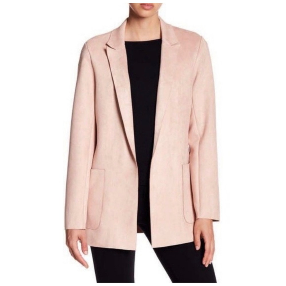 Joan Vass Blazer Women Medium Pink Excellent Faux Suede Open Front Long Sleeve
